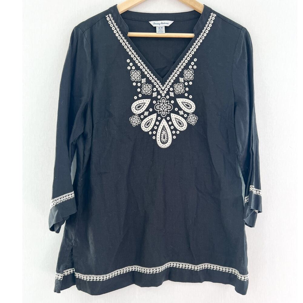 Tommy Bahama Women's Black Embroidered Linen V Neck Tunic Blouse Medium Boho